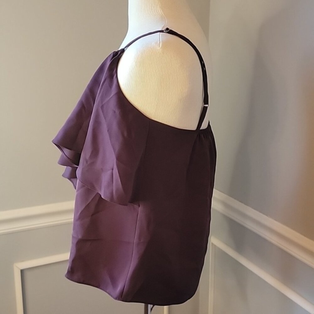 SAKS FIFTH AVENUE Plum Cascading Trailing Ruffle Party Date Night Glam Cami M - Picture 2 of 10